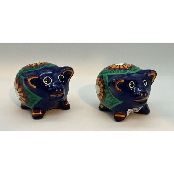 Salt And Pepper Shakers‎ Televera Mexico Signed Mexican Pottery Pigs Colorful - Picture 1 of 10